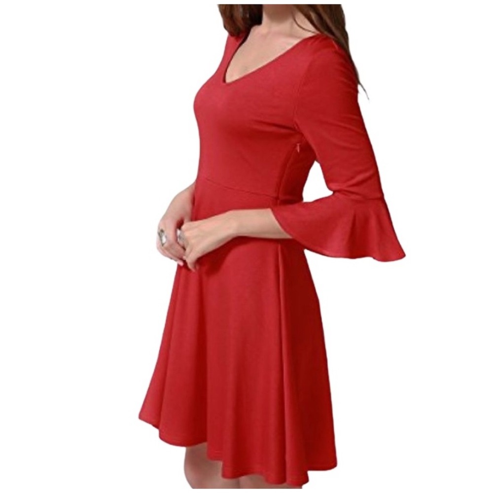 tolever Red Fit and Flare Dress‎ V-Neck Bell Sleeve Party Dress Size L